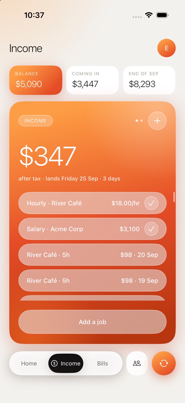 Income screen: next paycheck $347 after tax, from an hourly job and a salary